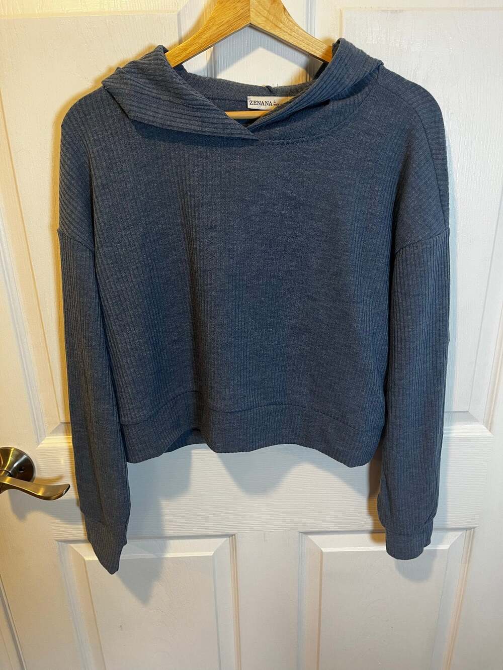Zenana ribbed cropped hoodie in blue grey color:  brand new.